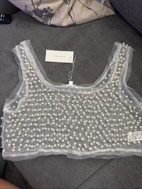 Pearl-Embellished White Mesh Crop Tank